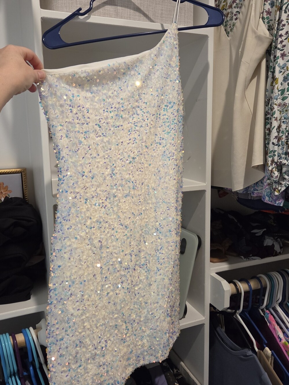 Midnight Doll White Iridescentt Sequin One Shoulder Dress Sz Large New